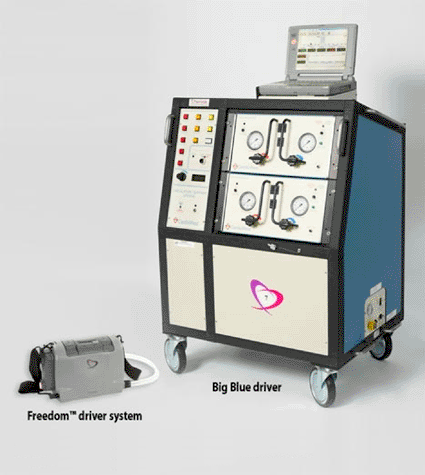 Image: The SynCardia "Big Blue" hospital driver and Freedom driver side by side (photo courtesy Syncardia). Image: The SynCardia "Big Blue" hospital driver and Freedom driver side by side (photo courtesy Syncardia).